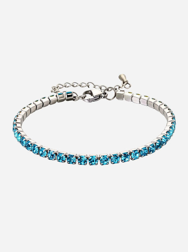 Tennisarmband mit blauen Zirkonia-Steinen und verstellbarer Silberkette