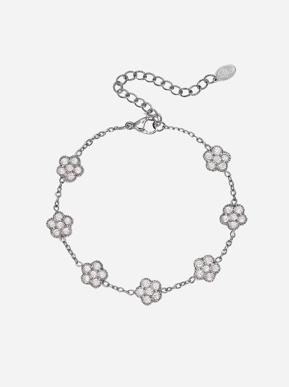 Silberfarbenes Armband mit Gliederkette und runden Blütensteinen, verstellbar