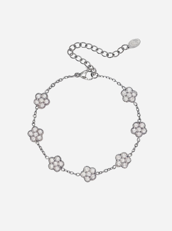 Silberfarbenes Armband mit Gliederkette und runden Blütensteinen, verstellbar