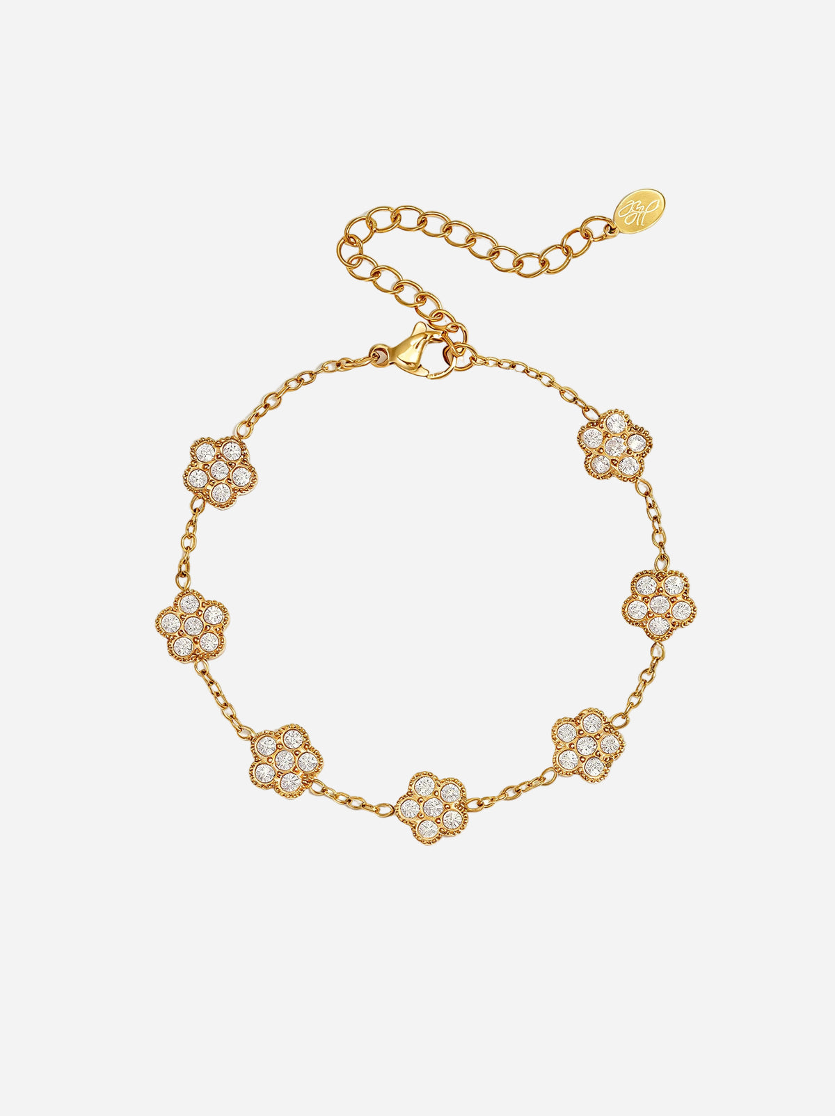 Goldfarbenes Armband mit filigraner Kette und runden Glitzersteinen, verstellbar