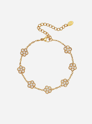 Goldfarbenes Armband mit filigraner Kette und runden Glitzersteinen, verstellbar